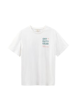 Hvid letvægts bomulds T-shirt med korte ærmer og rund halsudskæring. Har grøn og pink tekst med teksten "OFF DUTY GEAR" på forsiden.