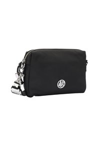 Black nylon bag with silver hardware, featuring a zip closure and a logo emblem. Includes a distinctive strap detail with a pattern.