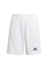 Pantalones cortos deportivos blancos hechos de una tela ligera con una cintura elástica. Presenta un logo negro de Adidas en la parte inferior izquierda.