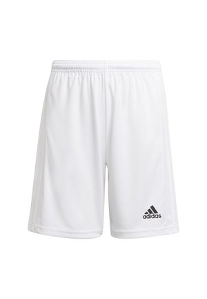 Shorts de sport blancs en tissu léger avec une taille élastique. Présente un logo Adidas noir sur le bas à gauche.