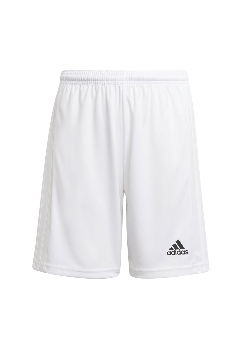 Pantalones cortos deportivos blancos hechos de una tela ligera con una cintura elástica. Presenta un logo negro de Adidas en la parte inferior izquierda.