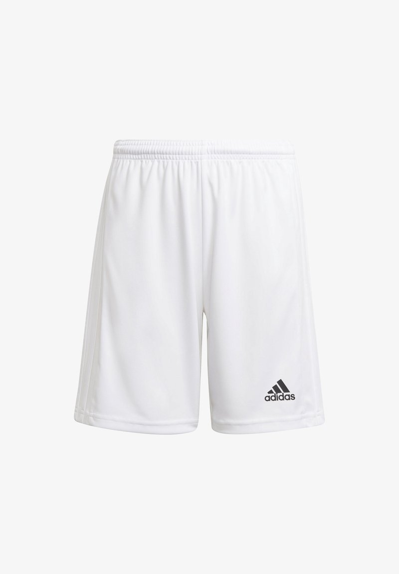 Pantalones cortos deportivos blancos hechos de una tela ligera con una cintura elástica. Presenta un logo negro de Adidas en la parte inferior izquierda.
