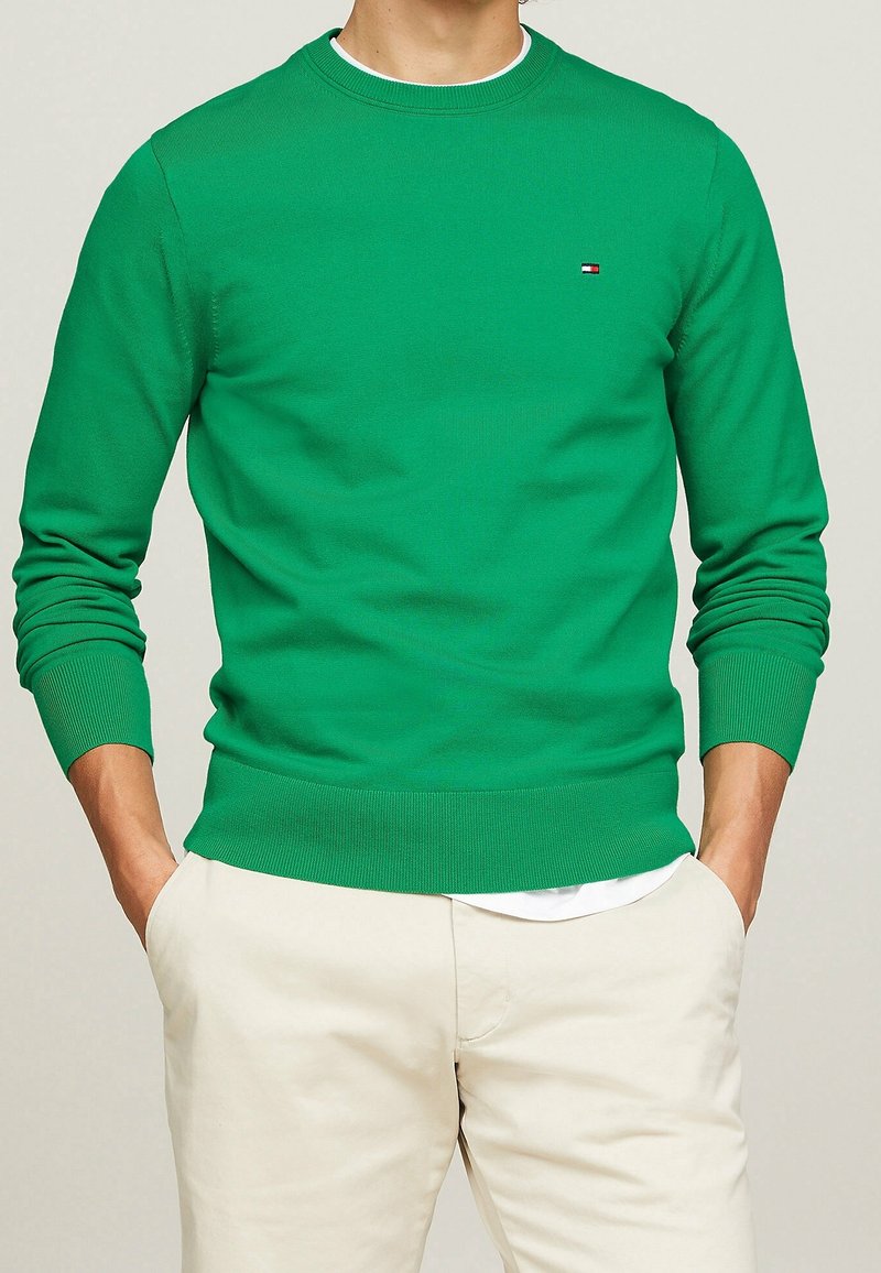 Pull vert à col ras du cou en tissu tricoté lisse, avec des poignets et un ourlet côtelés, orné d'un petit logo sur la poitrine. Associé à un pantalon de couleur claire.