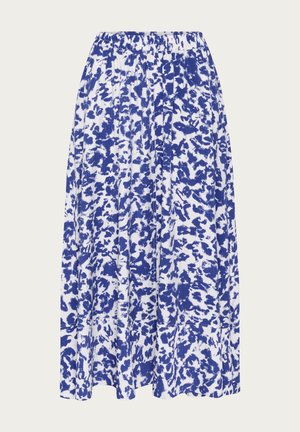 Maxikleid mit blau-weißen Blumenmuster, aus leichtem Stoff, mit elastischem Bündchen und gefaltetem Design für einen fließenden Fall.