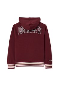 Felpa con cappuccio color marrone con polsini e orlo striati di bianco e beige, con "LOS ANGELES" scritto in grandi lettere contornate sul retro.