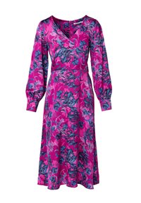 Robe florale dans des teintes vives de rose et de bleu, avec de longues manches bouffantes, un décolleté en V et une jupe évasée fluide ornée de motifs complexes.