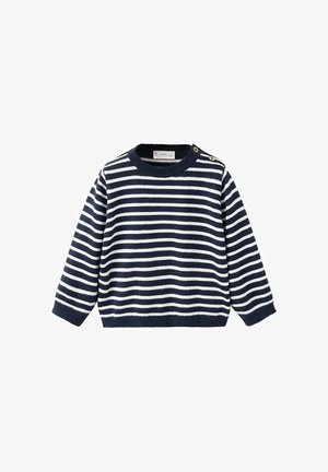 Pull en maille rayé bleu marine et blanc avec un col rond, des boutons aux épaules et des manches longues. Texture douce et coupe décontractée.