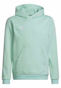 Miętowa zielona bluza z kapturem wykonana z miękkiego materiału, z kieszenią kangura, regulowanym kapturem ze ściągaczem oraz białym logo adidas na piersi.