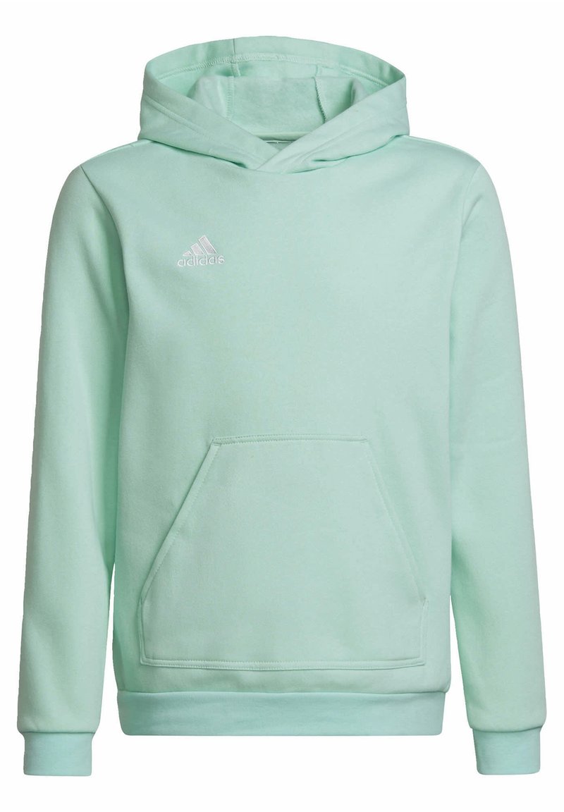 Miętowa zielona bluza z kapturem wykonana z miękkiego materiału, z kieszenią kangura, regulowanym kapturem ze ściągaczem oraz białym logo adidas na piersi.