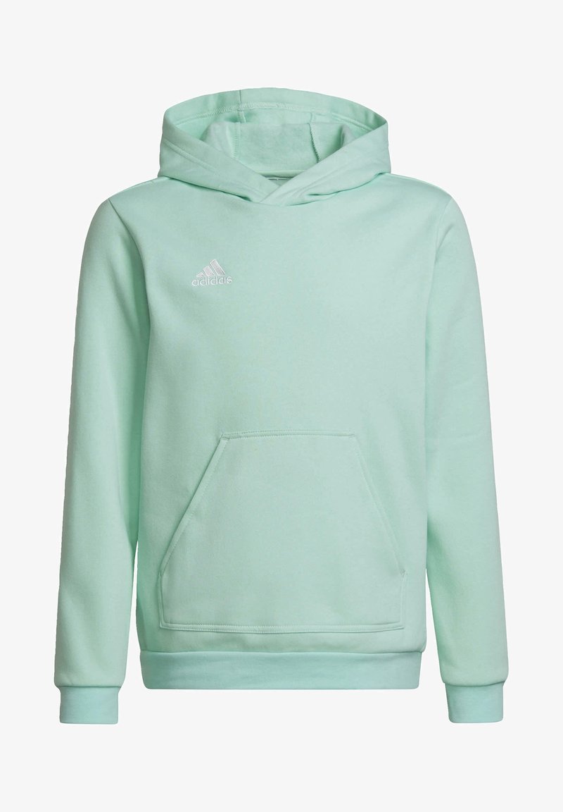 Miętowa zielona bluza z kapturem wykonana z miękkiego materiału, z kieszenią kangura, regulowanym kapturem ze ściągaczem oraz białym logo adidas na piersi.