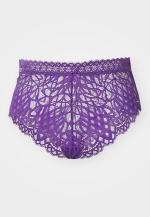 Lavender lace panties featuring floral pattern, scalloped edges, and a small satin bow at the waist. Sheer material with intricate detailing.
