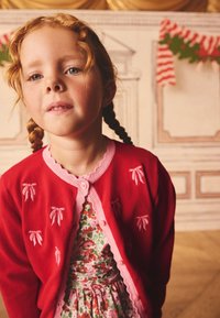 Rote Strickjacke mit pinkfarbenen, gezackten Kanten und rosa Schleifenstickerei, getragen über einem geblümten Kleid mit pinken, grünen und weißen Mustern.