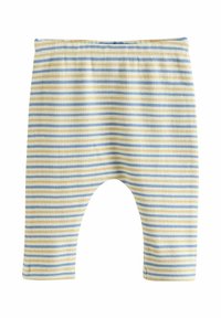 Katoenen legging met een elastische tailleband, met een horizontaal gestreept patroon in lichtgeel en lichtblauw. Zachte textuur met een ronde vorm.