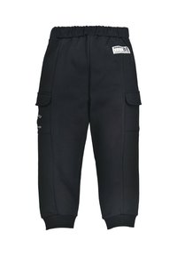Schwarze Jogginghosen aus weichem Stoff mit einem elastischen Bund, seitlichen Cargo-Taschen und gerippten Bündchen. Markenlabel auf der Oberseite.