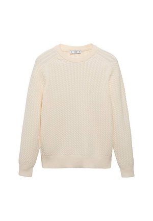 Suéter de punto color crema con un patrón de diamantes texturizado, cuello redondo y puños y dobladillo acanalados. Corte casual, tela suave.