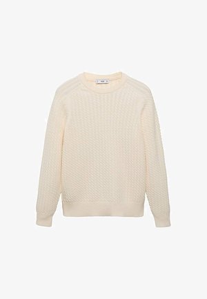 Cremig gefärbter Strickpullover mit einem strukturierten Rautenmuster, rundem Ausschnitt und gerippten Bündchen sowie Saum. Lässige Passform, weicher Stoff.