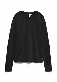 Czarna koszulka z długim rękawem wykonana z miękkiego materiału, z okrągłym dekoltem i prostym dołem. Prosty design bez wzorów ani dodatków.