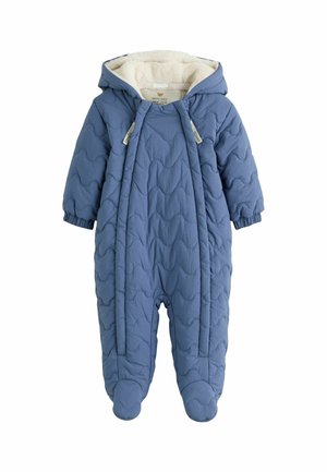 Blauer gesteppter Baby-Schneeanzug mit Kapuze, Fußabdeckungen und cremefarbenem Fleecefutter innen in der Kapuze.