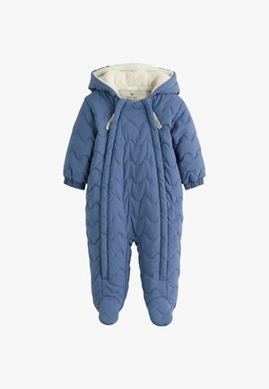 Mono de nieve azul acolchado para bebé con capucha, cubre pies y forro de forro polar color crema dentro de la capucha.