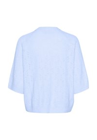 Pull en maille bleu clair avec des manches courtes, présentant un motif semblable à de la dentelle et un ourlet côtelé. L'arrière est lisse et sans embellissement.