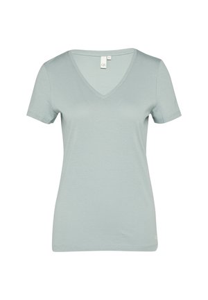 Light teal V-neck T-shirt made of soft material. Features short sleeves and smooth texture with no visible patterns or accents.