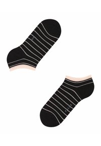 Schwarze Knöchel-Socken mit hellgrauen Streifen, passenden gerippten Bündchen und einer weichen Textur. Ein bemerkenswertes Detail ist ein Logo in der Nähe der Zehe.