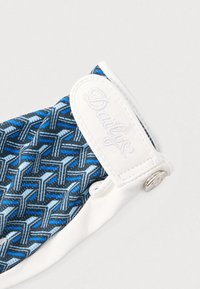 Μπλε γάντι με γεωμετρικά σχέδια, με λευκή δερμάτινη μανσέτα και ασημένιο κουμπί. Η λέξη "Daily" είναι κεντημένη με λευκό νήμα.