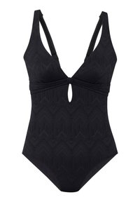 Schwarzer Einteiler-Badeanzug mit geometrischem Texturmuster, tiefem V-Ausschnitt, verstellbaren Trägern und Schlüssellochdetail in der Mitte.