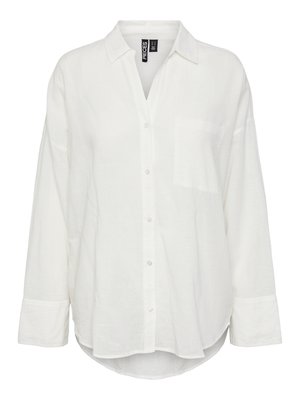 Balta lina krekls ar garām piedurknēm, pogām aizmugurē un krūšu kabatu. Apaļa apakša un vaļīga piegriezuma ar mīkstu, teksturētu audumu.