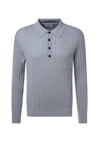 Grauer, gerippter Polo-Pullover mit langen Ärmeln, vier schwarzen Knöpfen und spitzen Kragen, vor einem weißen Hintergrund präsentiert.