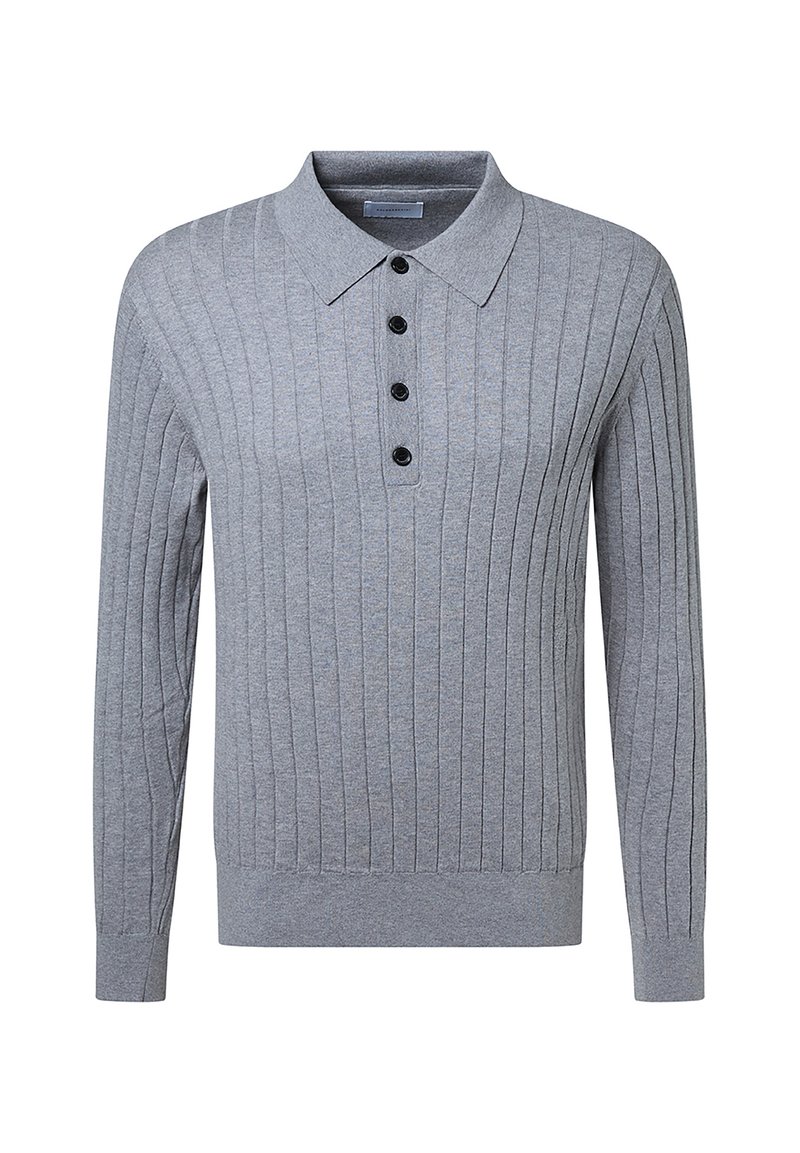 Grauer, gerippter Polo-Pullover mit langen Ärmeln, vier schwarzen Knöpfen und spitzen Kragen, vor einem weißen Hintergrund präsentiert.