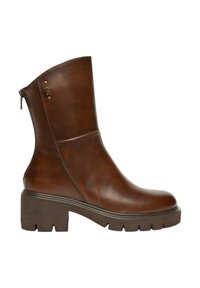 Bottine en cuir marron avec talon bloc, fermeture éclair latérale et détails de couture subtils. Présente une texture lisse et un design à bout arrondi.