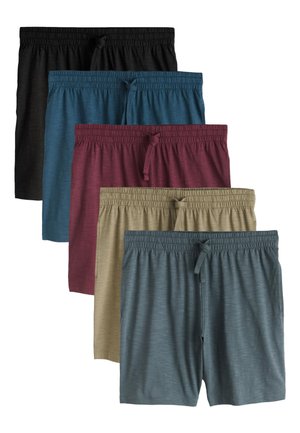Cinco pares de pantalones cortos de hombre con cintura elástica y cordones en negro, azul, burdeos, beige y gris, dispuestos superpuestos verticalmente.