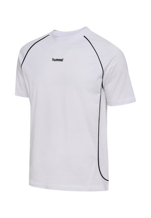 Weißes Sport-T-Shirt mit kurzen Ärmeln und schwarzer, geschwungener Paspelierung an Schultern und Seiten, mit dem "hummel"-Logo in der Mitte der Brust.