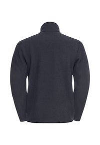 Pullover in pile a maniche lunghe di colore blu scuro, con collo alto e cuciture piatte. Presenta una vestibilità rilassata e non ha hardware visibile.