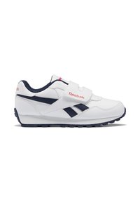 Zapatilla deportiva blanca con acentos en marino y marca Reebok. Presenta una cinta de Velcro y una suela de goma texturizada con agarre. Diseño clásico.