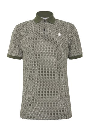 Polo à manches courtes avec col et poignets vert olive, présentant un petit motif géométrique blanc en forme de diamant et deux boutons.