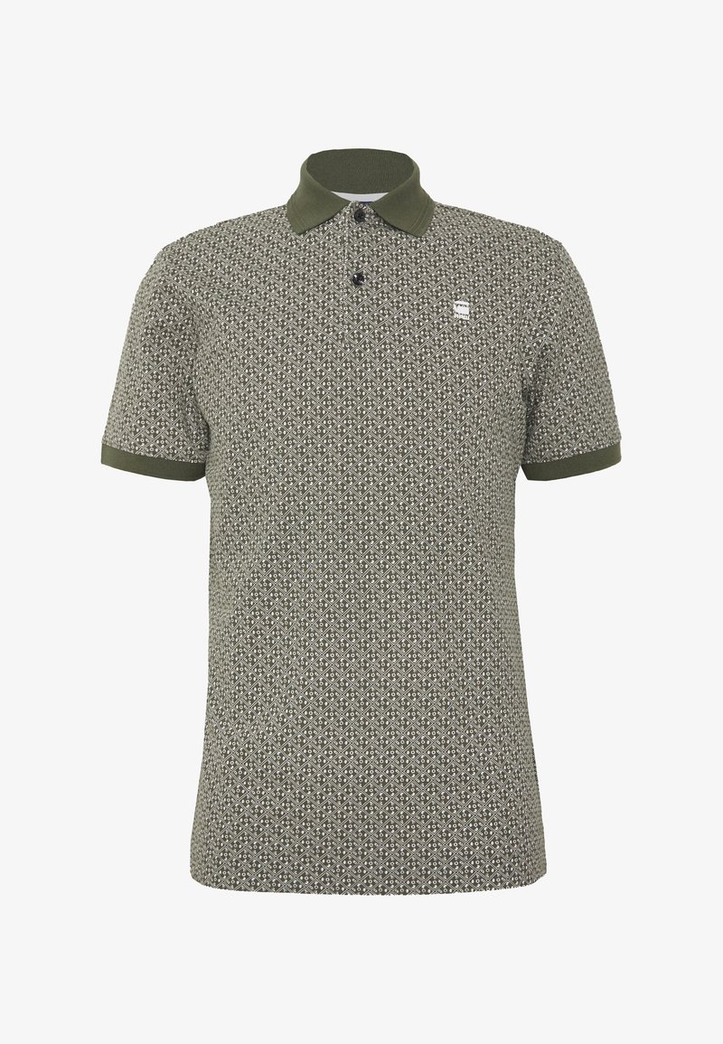 Polo à manches courtes avec col et poignets vert olive, présentant un petit motif géométrique blanc en forme de diamant et deux boutons.