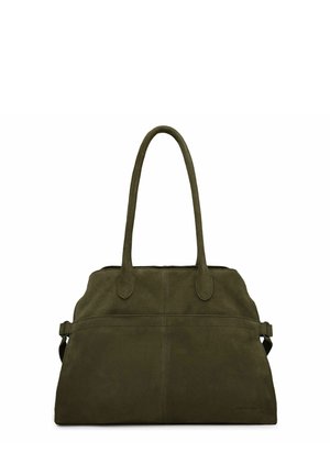 Bolso de ante verde oscuro con dos largas asas para el hombro y un diseño sencillo y estructurado sobre un fondo blanco.