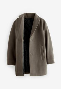 Abrigo de lana marrón, de un solo botón, con solapas de pico, dos bolsillos laterales, forro negro acolchado, corte relajado, textura suave, con un hardware mínimo.