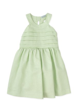 Vestido verde claro hecho de tela texturizada, con pliegues horizontales en el corsé y una falda fruncida, con un escote trasero en forma de ojo de cerradura.