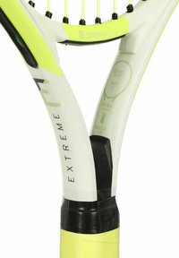 Racket with a white and neon yellow frame, black grip, graphic details including tension settings, and a dampening feature integrated into the throat.