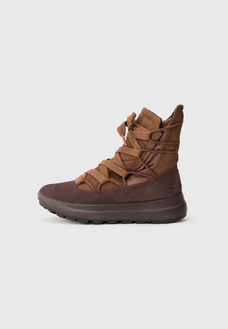 Brown hiking boot with a smooth suede and textured upper. Features crisscross laces, padded collar, and a thick rubber sole for traction.