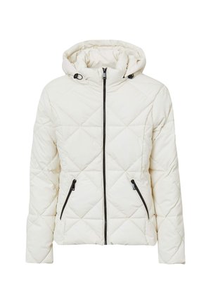 Weißer gestepptes Pufferjacke mit Kapuze, Frontreißverschluss und seitlichen Reißverschlusstaschen, entworfen für kaltes Wetter.