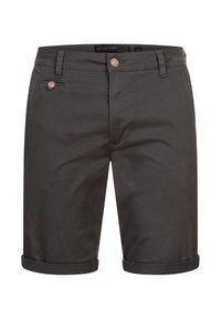 Shorts en coton gris foncé avec revers roulés, doté d'une fermeture à bouton, de poches avant et d'un petit logo sur le côté.