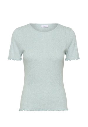 Svetlo modra kratka majica z raztegljivega pletenega blaga, z izrazitimi navpičnimi teksturiranimi črtami in valovitim robom. Na etiketi piše "Saint."