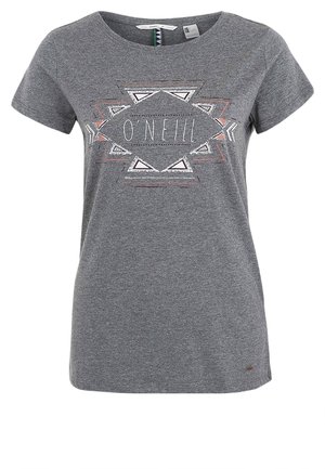 T-shirt gris à manches courtes avec motif tribal géométrique et texte "O'NEILL" centré sur la poitrine.