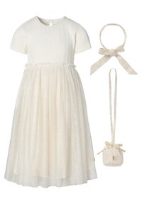 Witte jurk met korte mouwen, geribd lijfje en glitterige tule rok; inclusief bijpassend hoofdbandje en kleine tas met een lint.