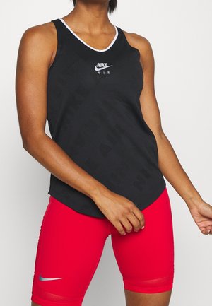 Black Nike tank top with a round neck and white accents, featuring a subtle logo. Paired with red fitted shorts and silver branding.