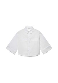 Weißes bauchfreies Hemd aus Baumwolle mit langen Ärmeln, Knopfleiste vorne und zwei Brusttaschen. Glatte Textur mit klassischem Kragen.